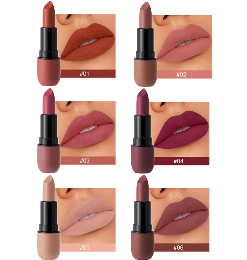 Comparativa de los 6 tonos disponibles del lápiz labial mate Yabaolian